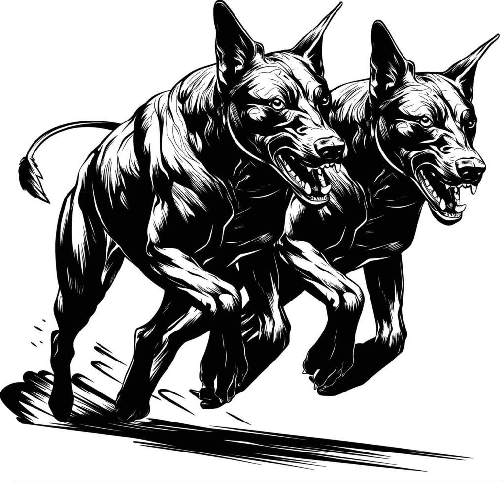 Two Wild Dogs Running Side by Side Black White Line Art vector