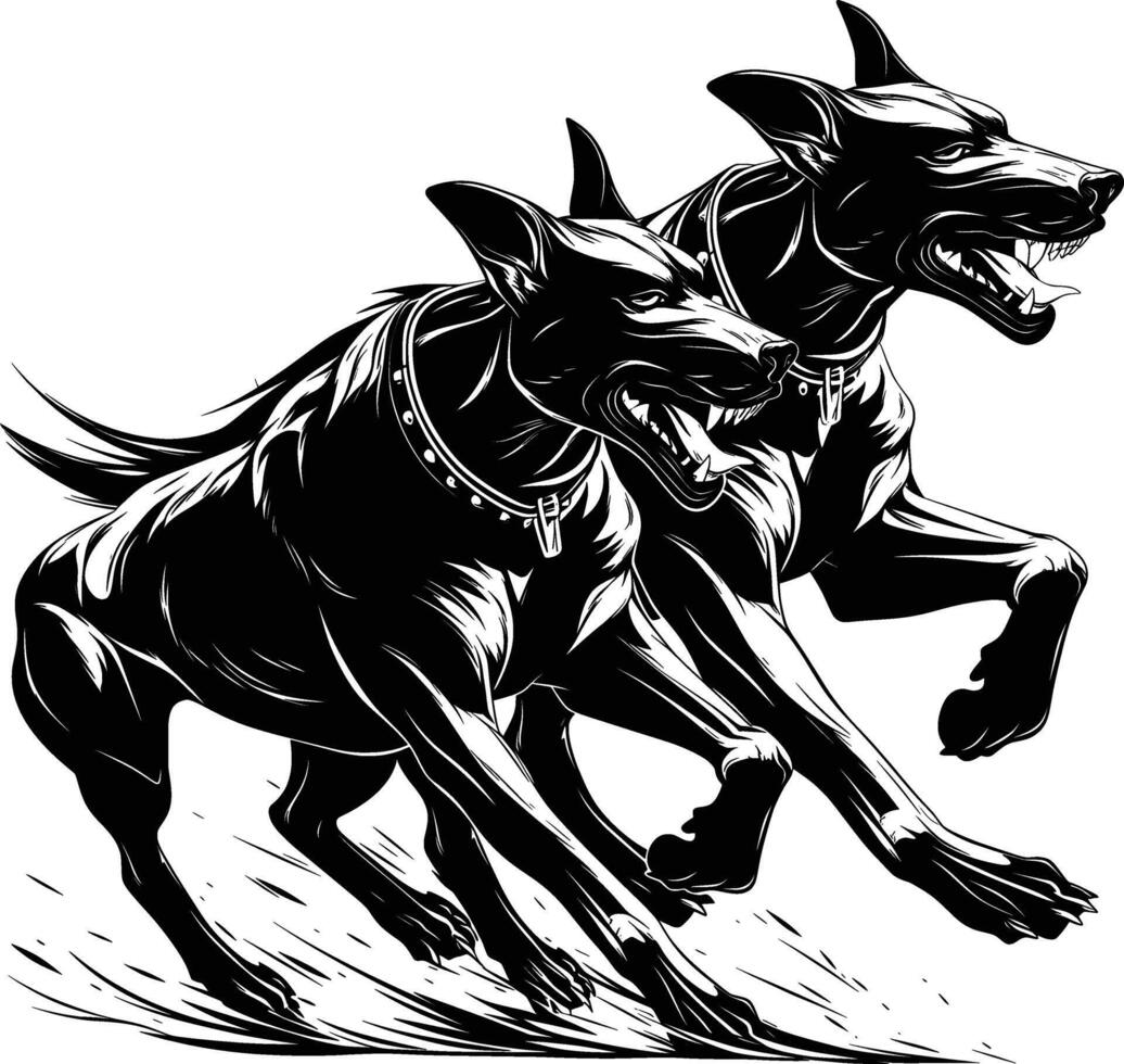 Two Wild Dogs Running Pack Action Black White Line Art vector