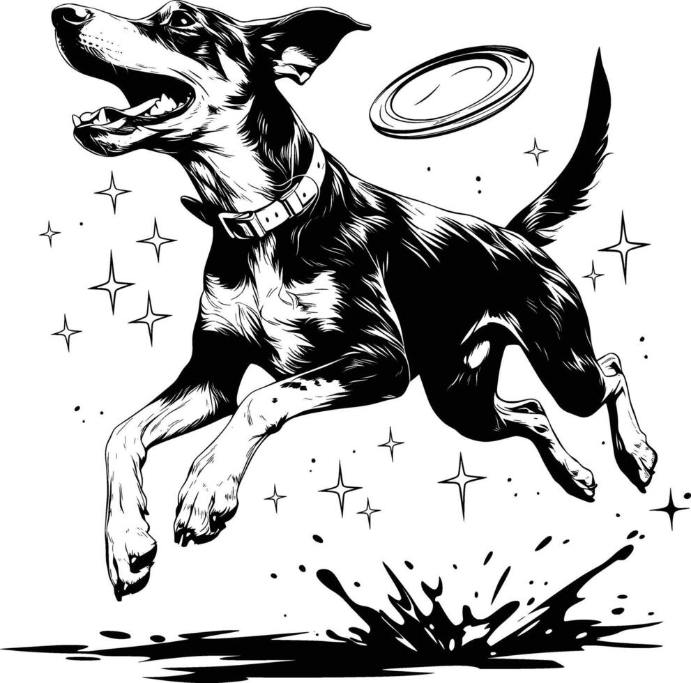 Majestic Dog Celestial Stars Night Sky Black White Line Art Design vector
