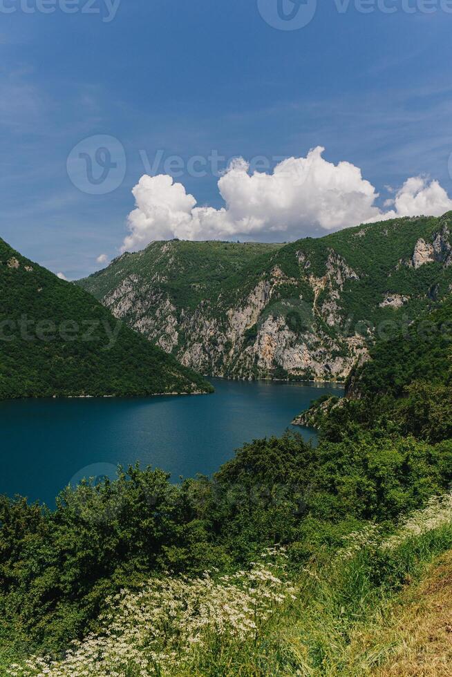 Amazing view of Piva Lake and mountains on a summer day. Travel destination in Montenegro. photo