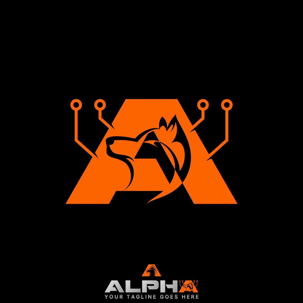 initial A font head dog wolf animal wild dot tech fox predator alpha monogram vector