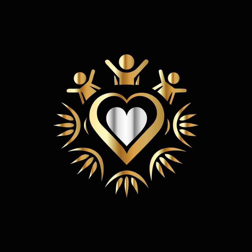 golden heart with people holding hands and hearts in the middle. vector