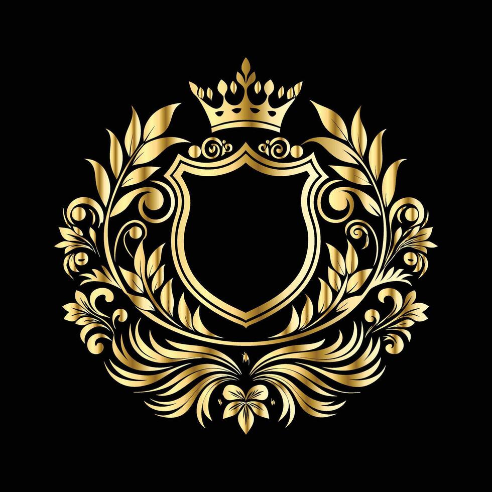 golden shield with crown and leaves on black background vector
