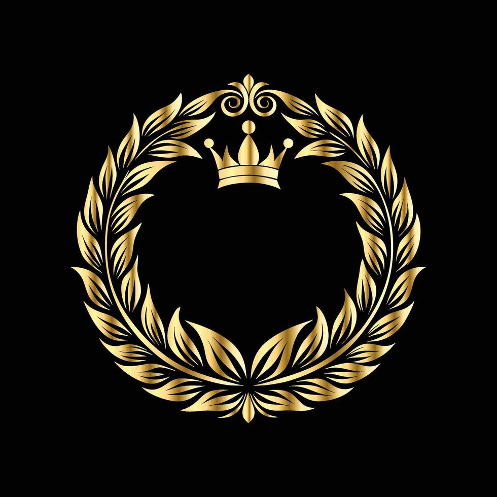 golden laurel wreath with crown on black background. with floral ornament vector