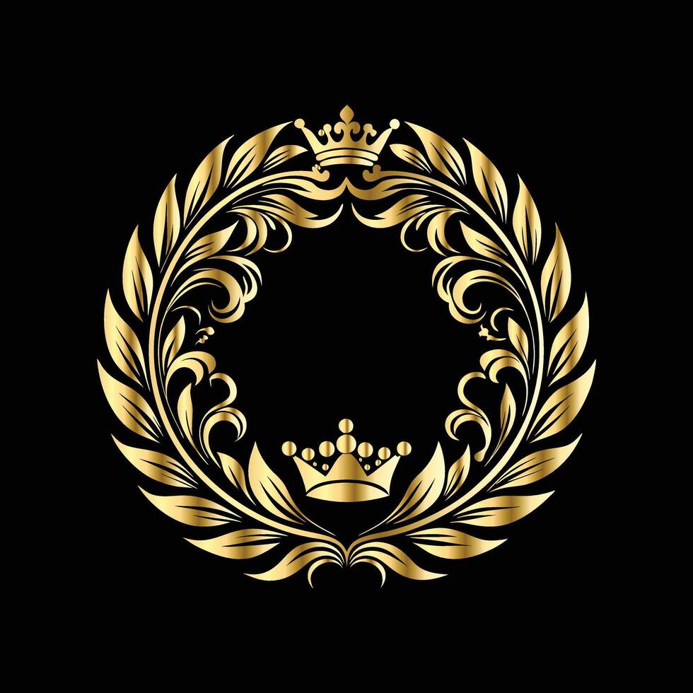 golden crown with leaves and wreath on black background vector