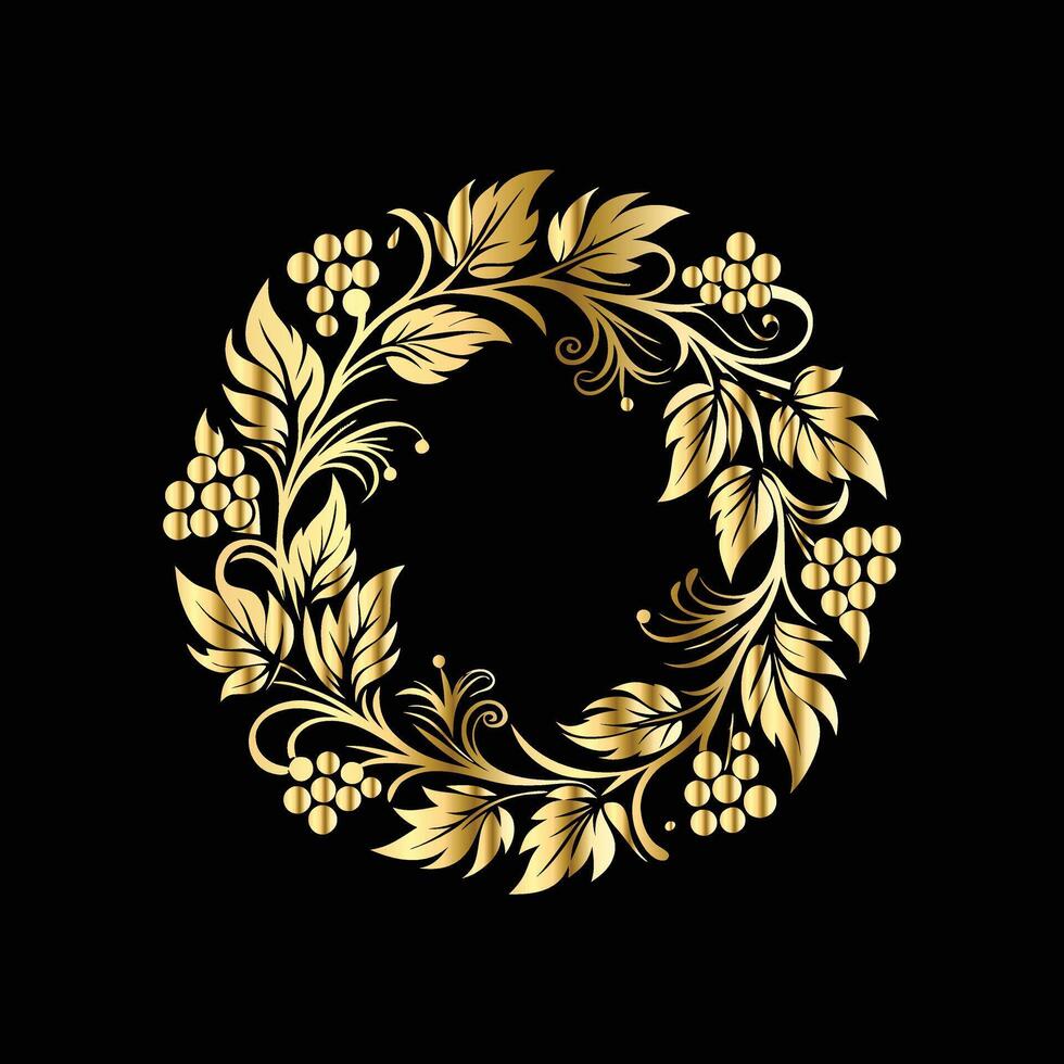 golden wreath with grapes and leaves on black background vector