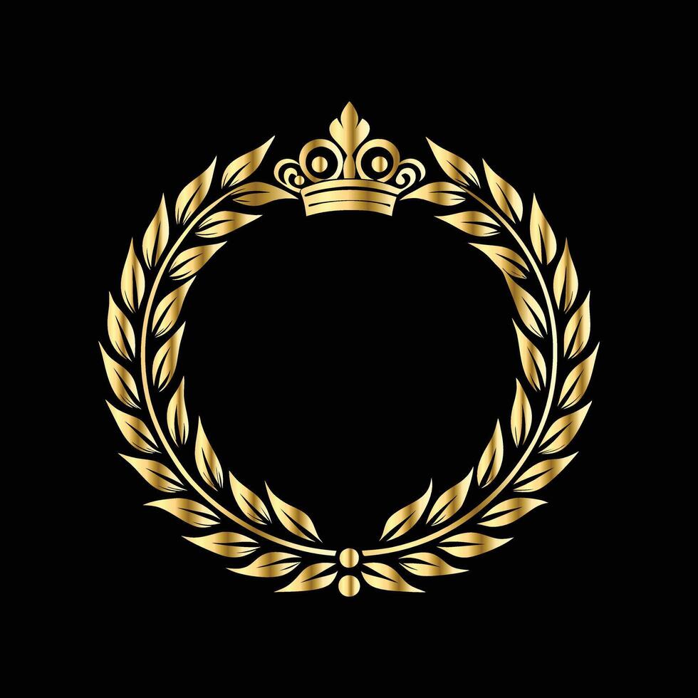 golden laurel wreath with crown on black background. Vintage gold frame with floral ornament vector