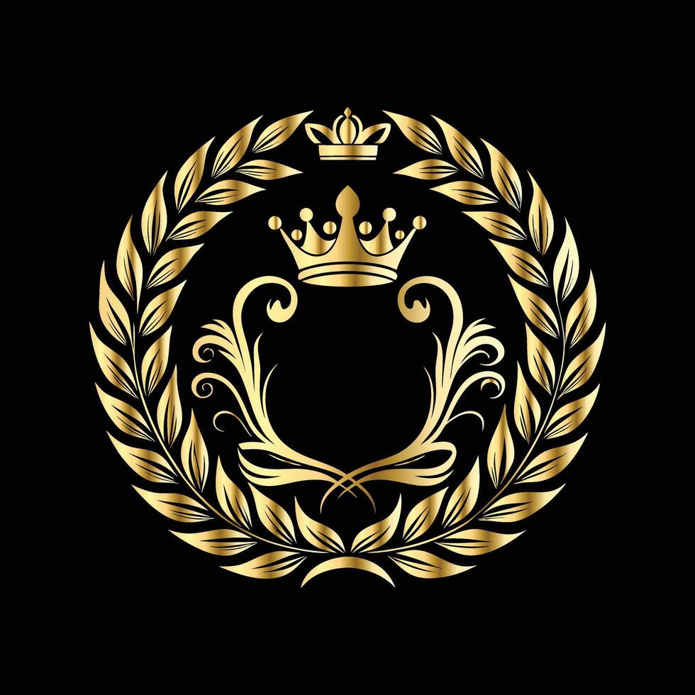 golden crown with laurel wreath on black background. with floral ornament vector