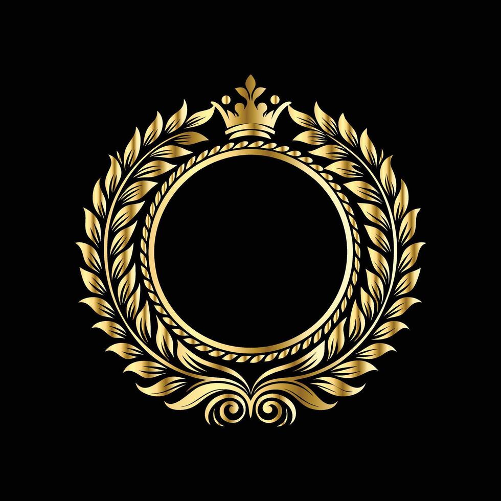 golden laurel wreath frame with crown on black background vector
