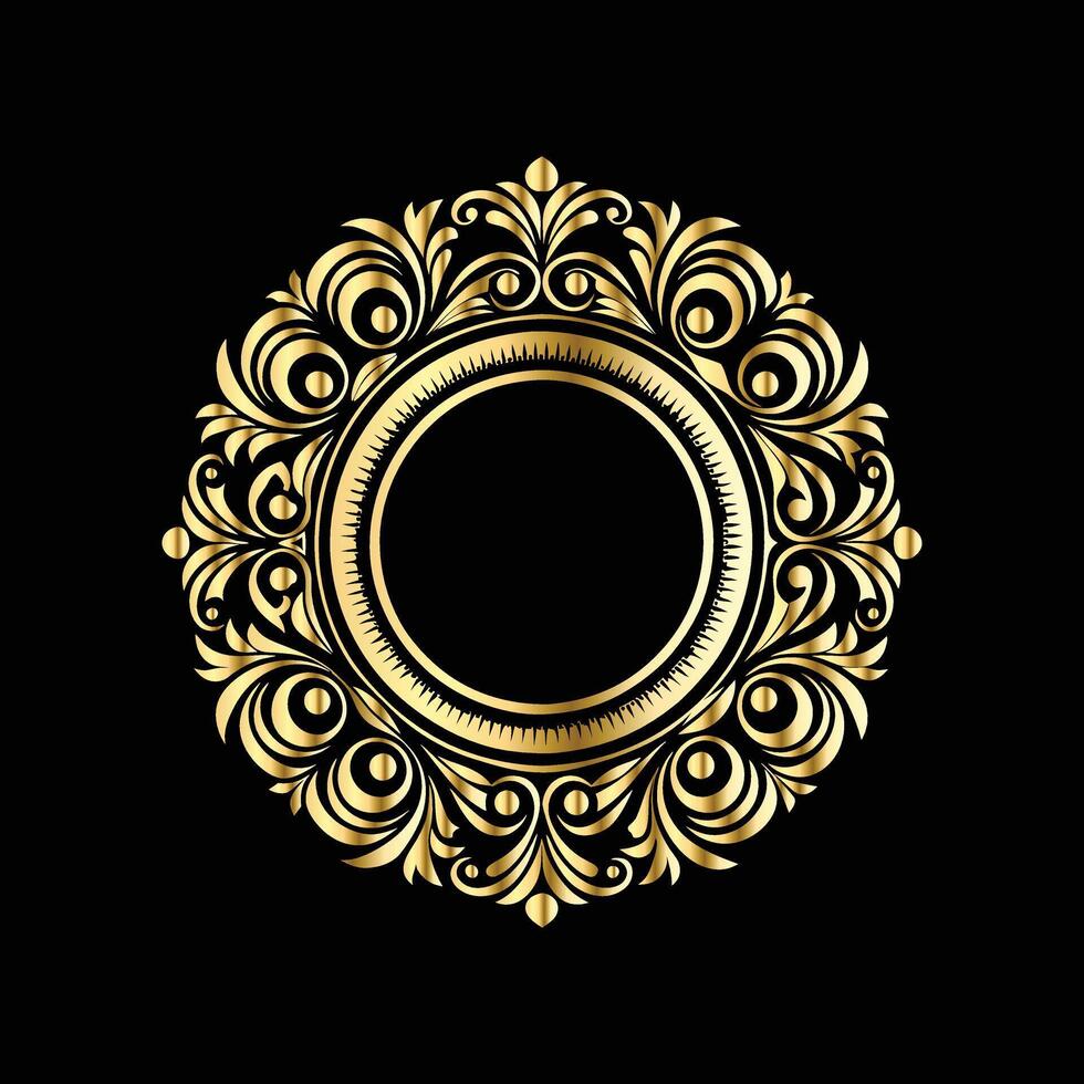 golden round frame on black background. Vintage gold frame with floral ornament. vector