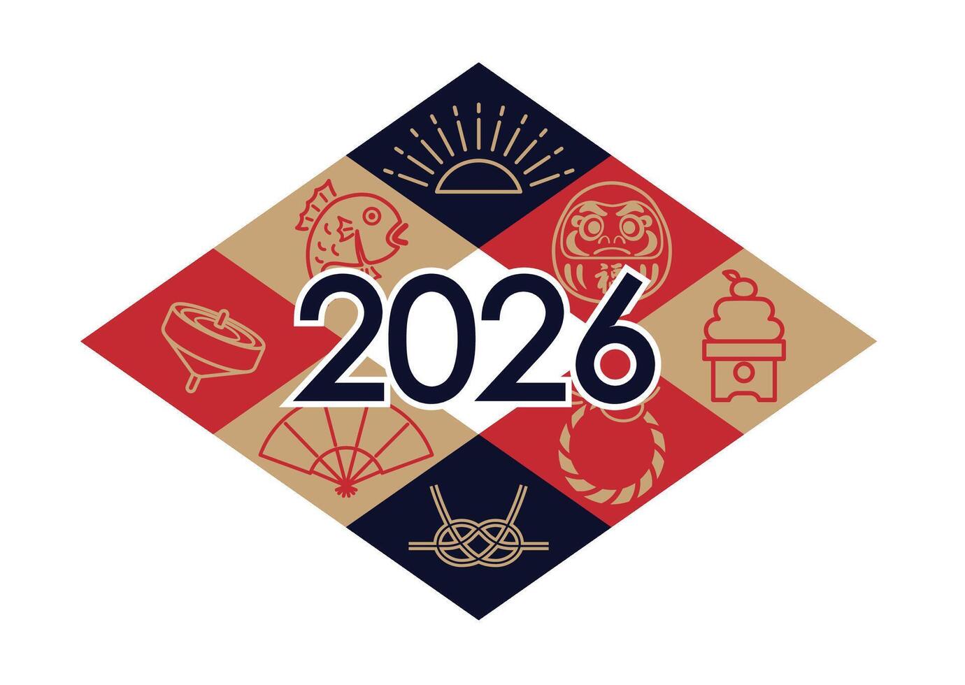 2026 New Years Symbol Illustration With Japanese Vintage Charms On Diamond Shapes Isolated On A White Background. vector