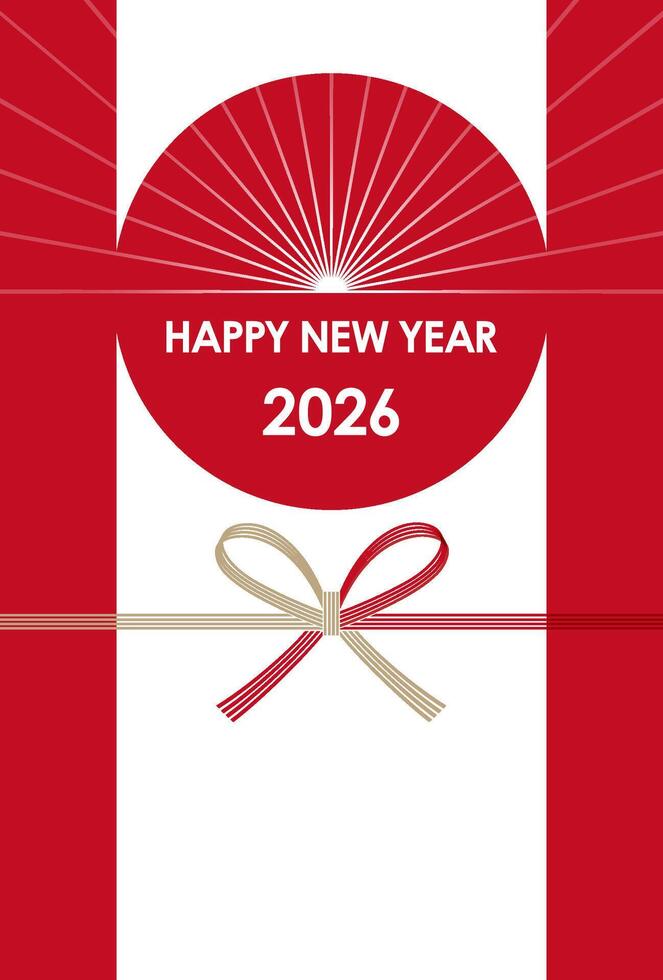 The Year 2026 New Years Greeting Card Template With A Rising Sun Symbol And A Mizuhiki - Japanese Vintage Colored Paper Strings. vector