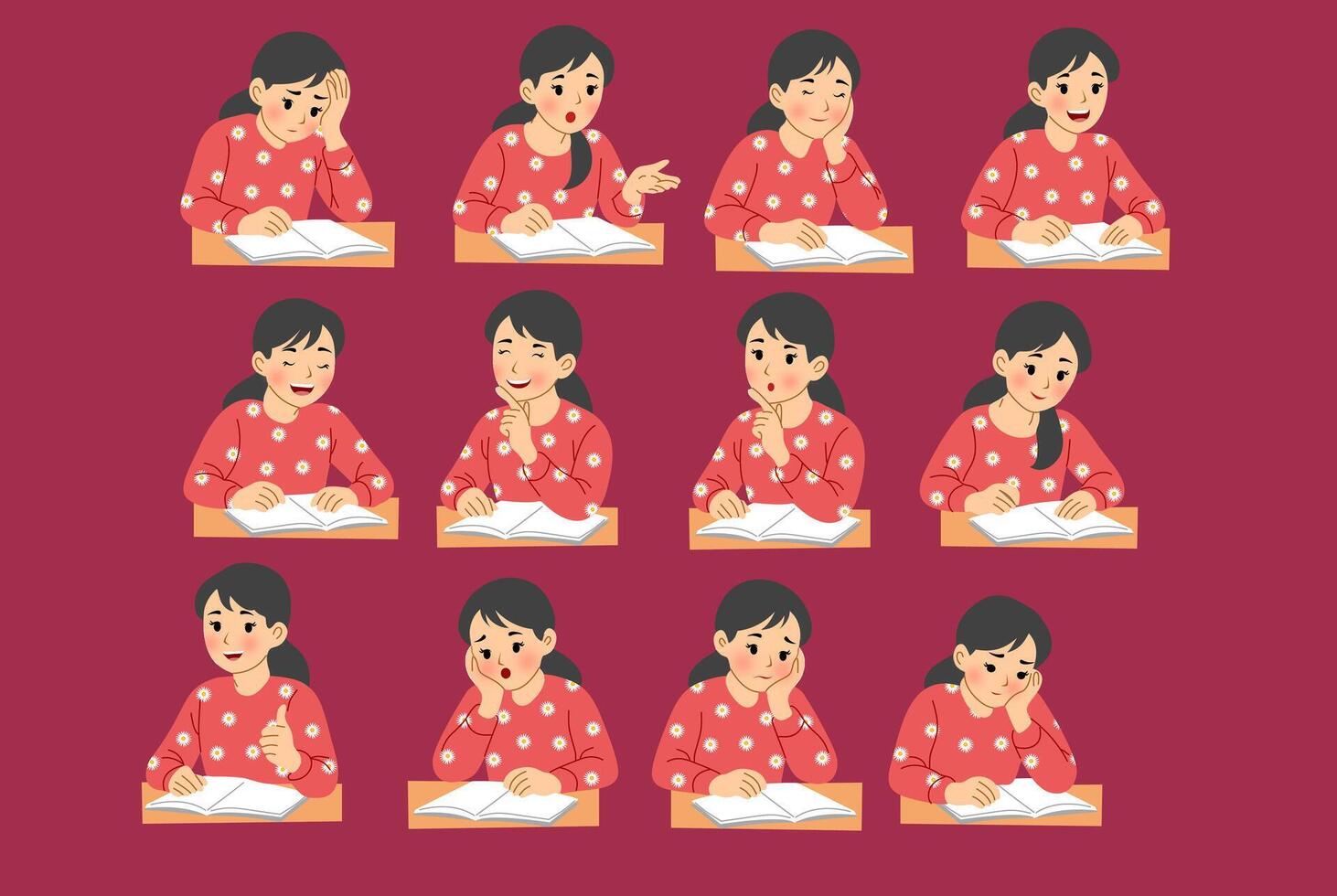 Girl studying and showing different expressions vector