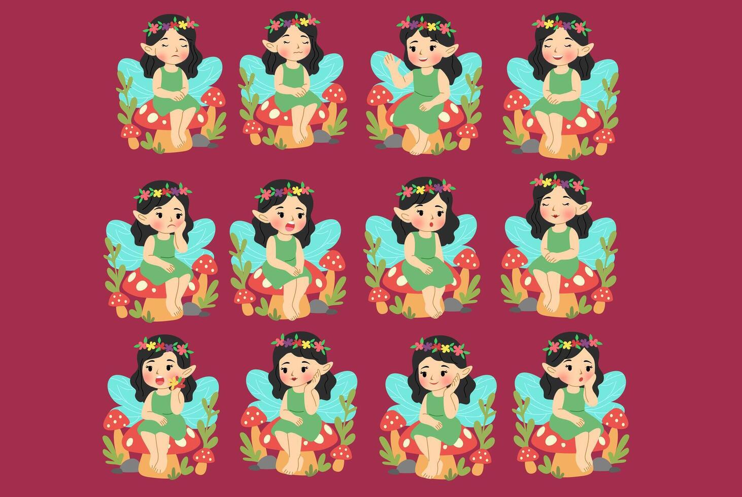 Collection of Cute Fairies Sitting on Mushrooms vector