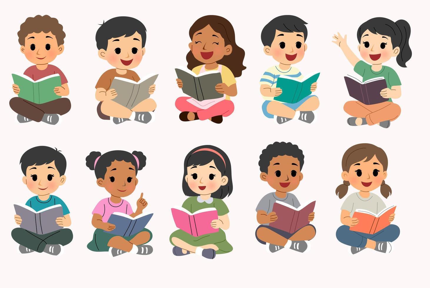 Children happily reading books together vector