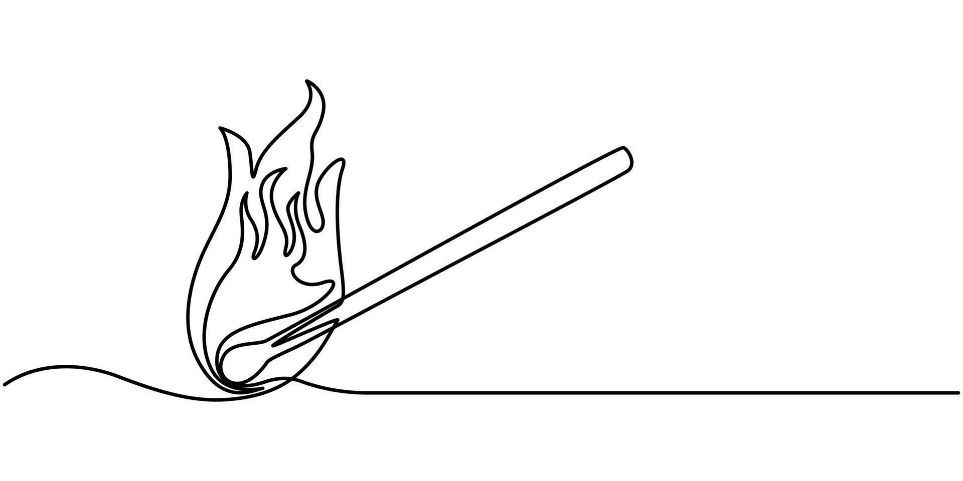 Continuous line drawing. Burning match. Black isolated on white background vector