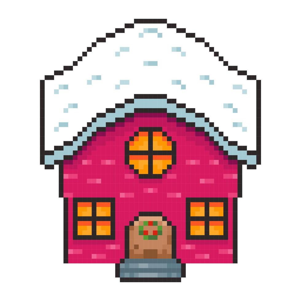 Pixel art Christmas House with Snow Roof game asset design vector