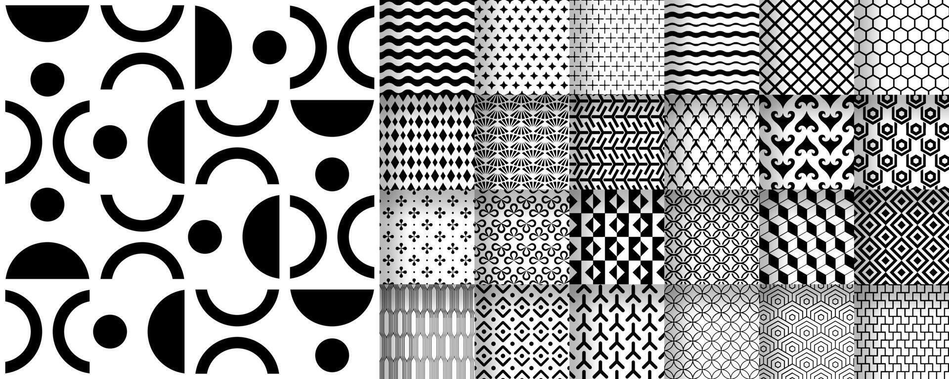 Set of seamless black and white patterns suitable for packaging, fabric, and digital design, . vector
