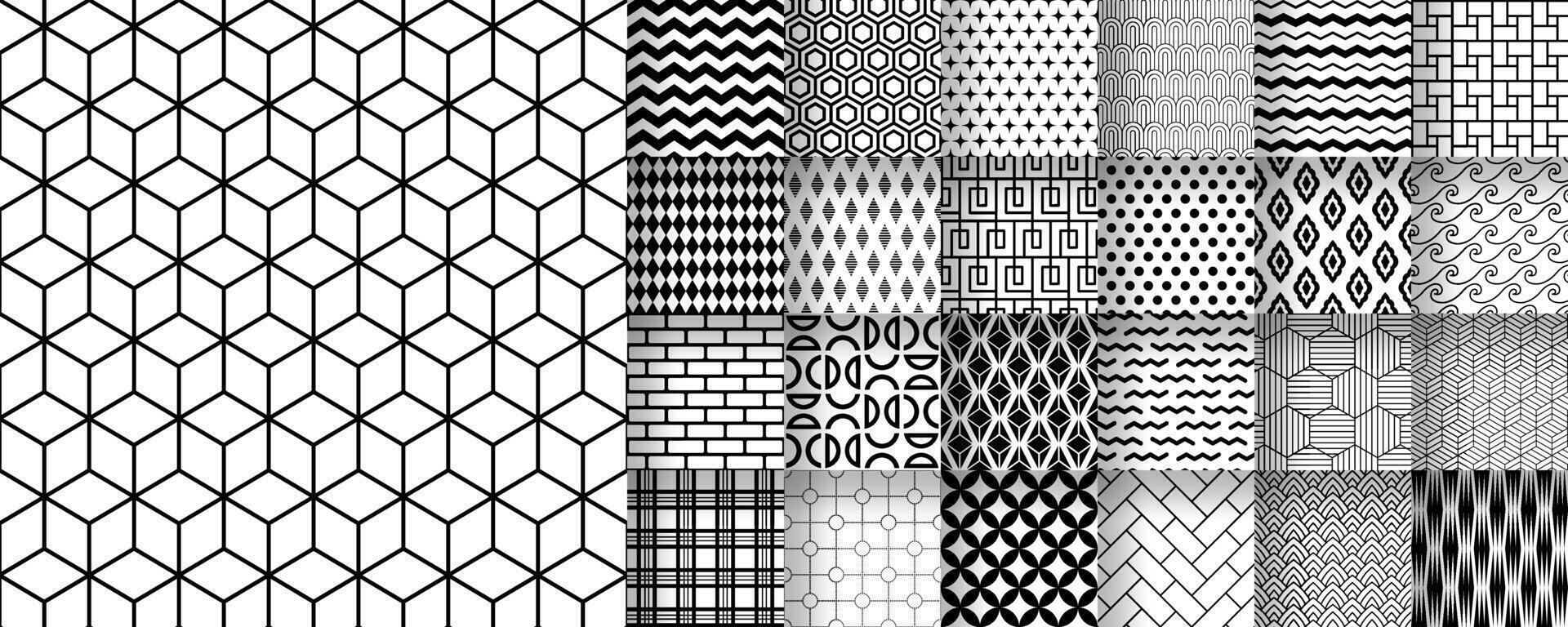 25 seamless black and white patterns suitable for packaging, fabric, and digital design, . vector