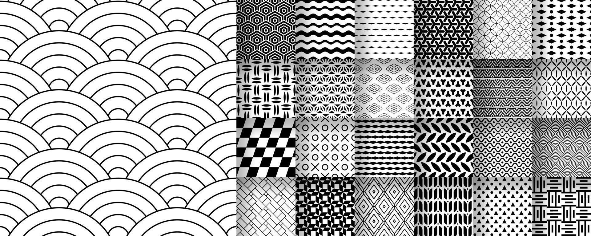 Collection of seamless black and white patterns suitable for packaging, fabric, and digital design, . vector
