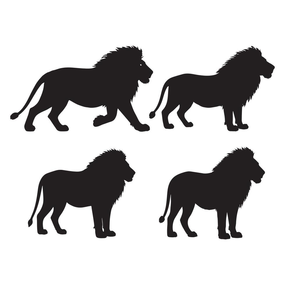 Majestic African Lion Silhouettes Four Powerful Black and White Images on White Background - Professional digital artwork with vibrant colors and detailed composition vector
