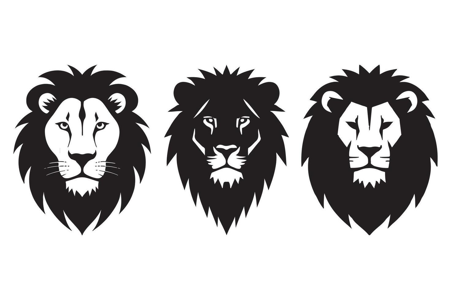 Three Majestic Lion Heads in Striking Black and White, Symbolic of Power, Pride, and Wilderness vector