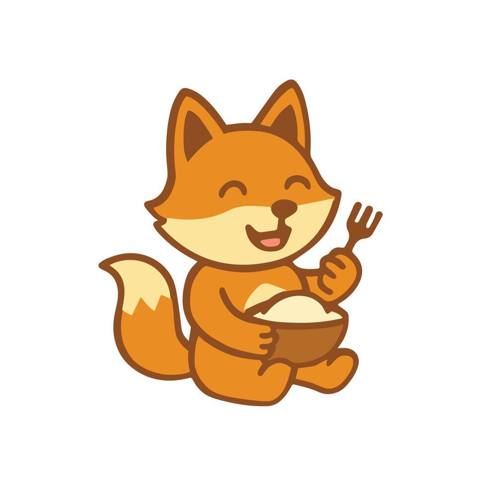 Happy Cartoon Fox Eating from a Bowl vector