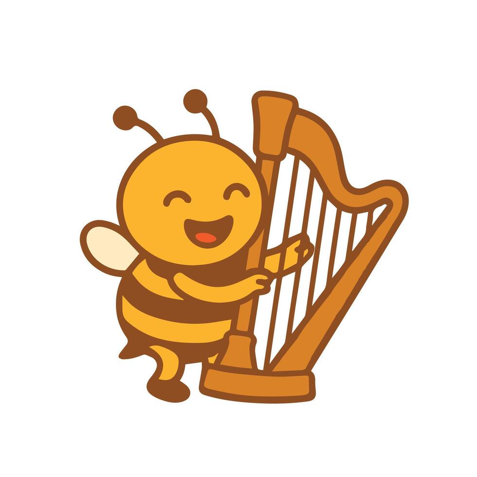 A cheerful bee playing a harp with a big smile vector