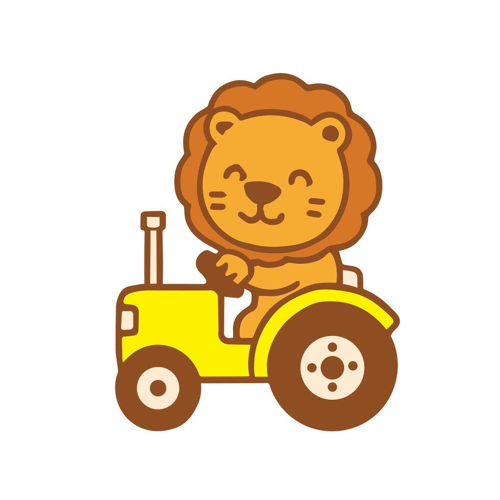 A Cute Lion Driving a Yellow Tractor vector