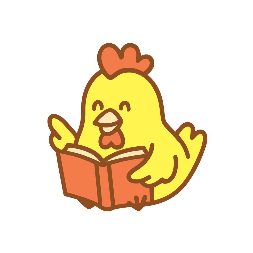 A cute yellow chicken reading a book, happy and smiling. vector