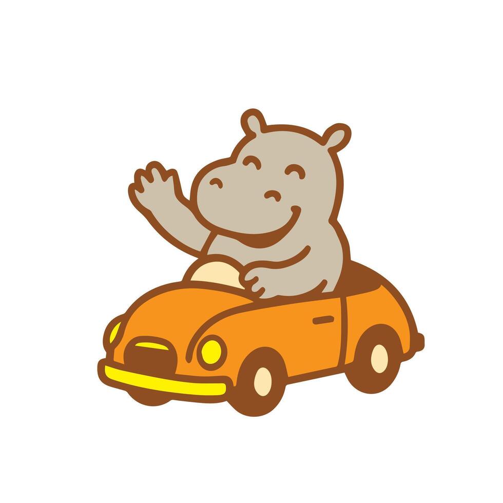 Cartoon hippo in an orange car waving hello vector