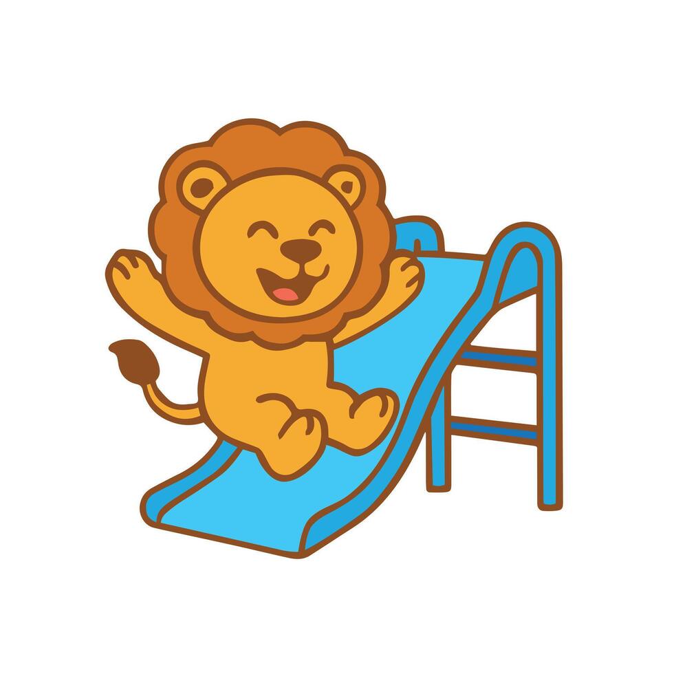 A cute cartoon lion enjoying a slide vector