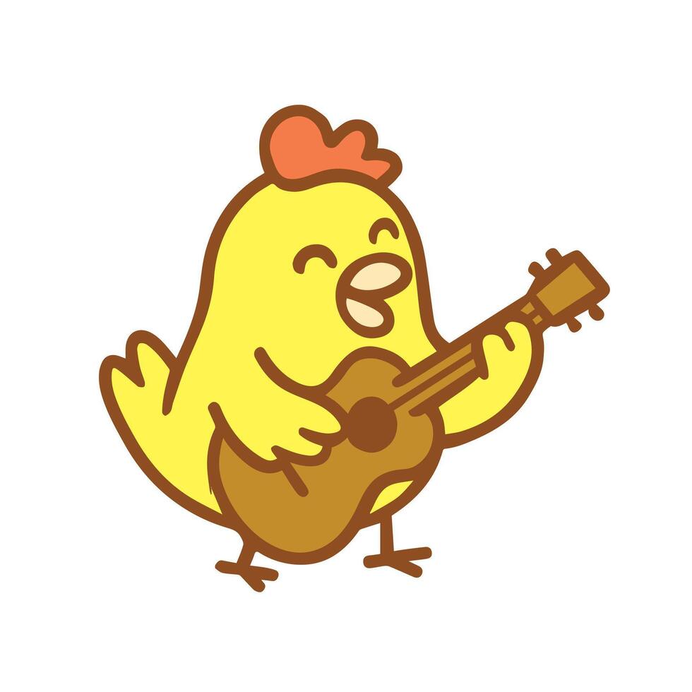 A cheerful yellow chicken playing ukulele with joy vector
