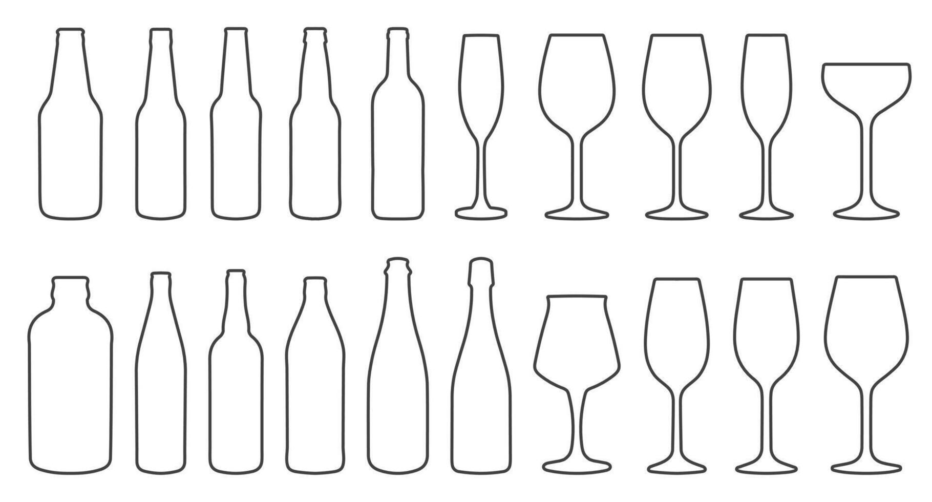 Set of different wine glasses and beer bottles icon symbols. Editable stroke line icons collection. illustration image. Wine glass and bottles silhouette shape sign. Isolated on white vector