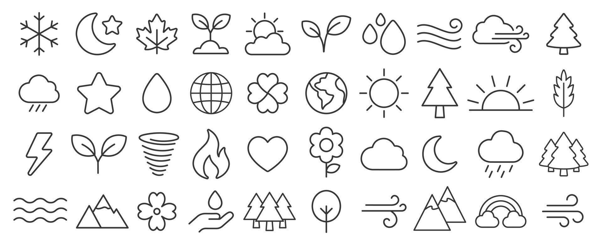 Nature editable stroke line icon symbol set. Fresh environment, weather forecast icons collection. sun, mountain, tree, ecology, plant, cloud, fire. illustration. Isolated on white background. vector