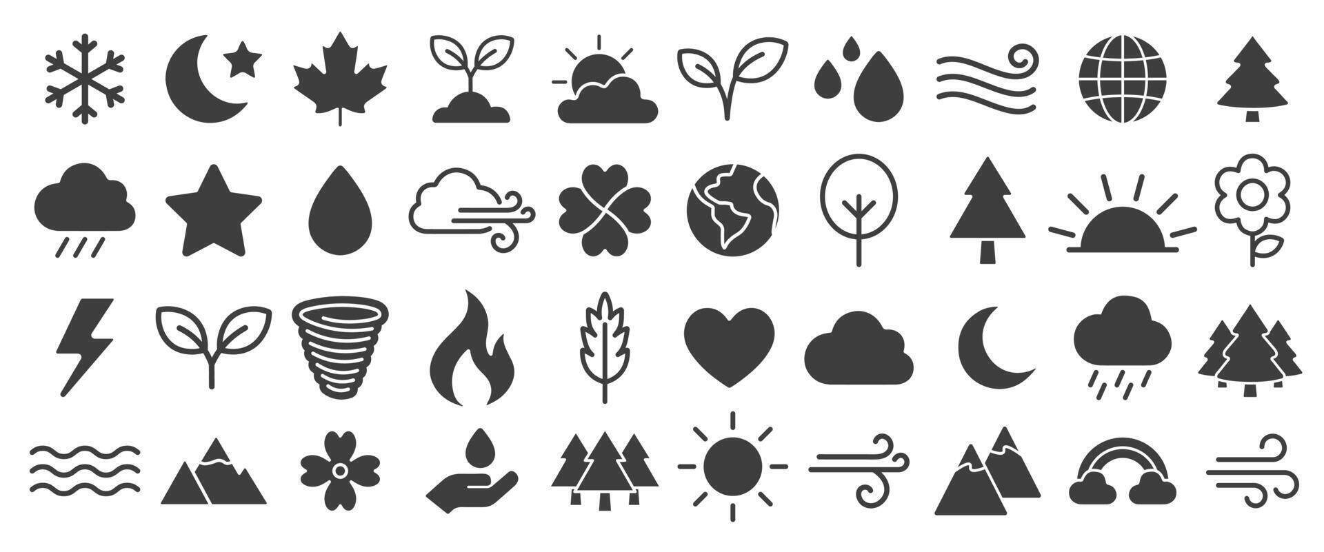 Nature icon symbol set. Fresh environment, weather forecast icons collection. sun, mountain, tree, ecology, plant, cloud, fire. illustration. Isolated on white background. vector
