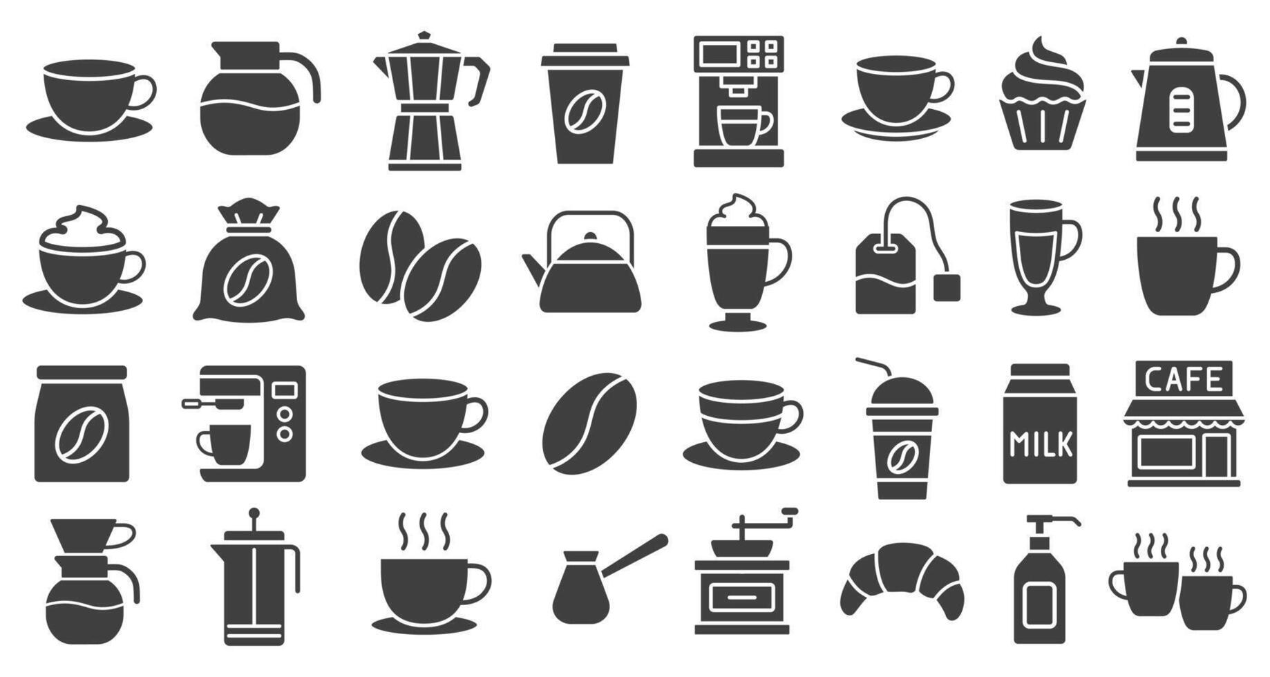 Coffee Culture icon set. Enjoying Coffee. Brew and Drinking flat icons. Cup, Coffee Machine, Beans, Packaging, Grinder, Cafe solid logo. illustration. Isolated on white background. vector