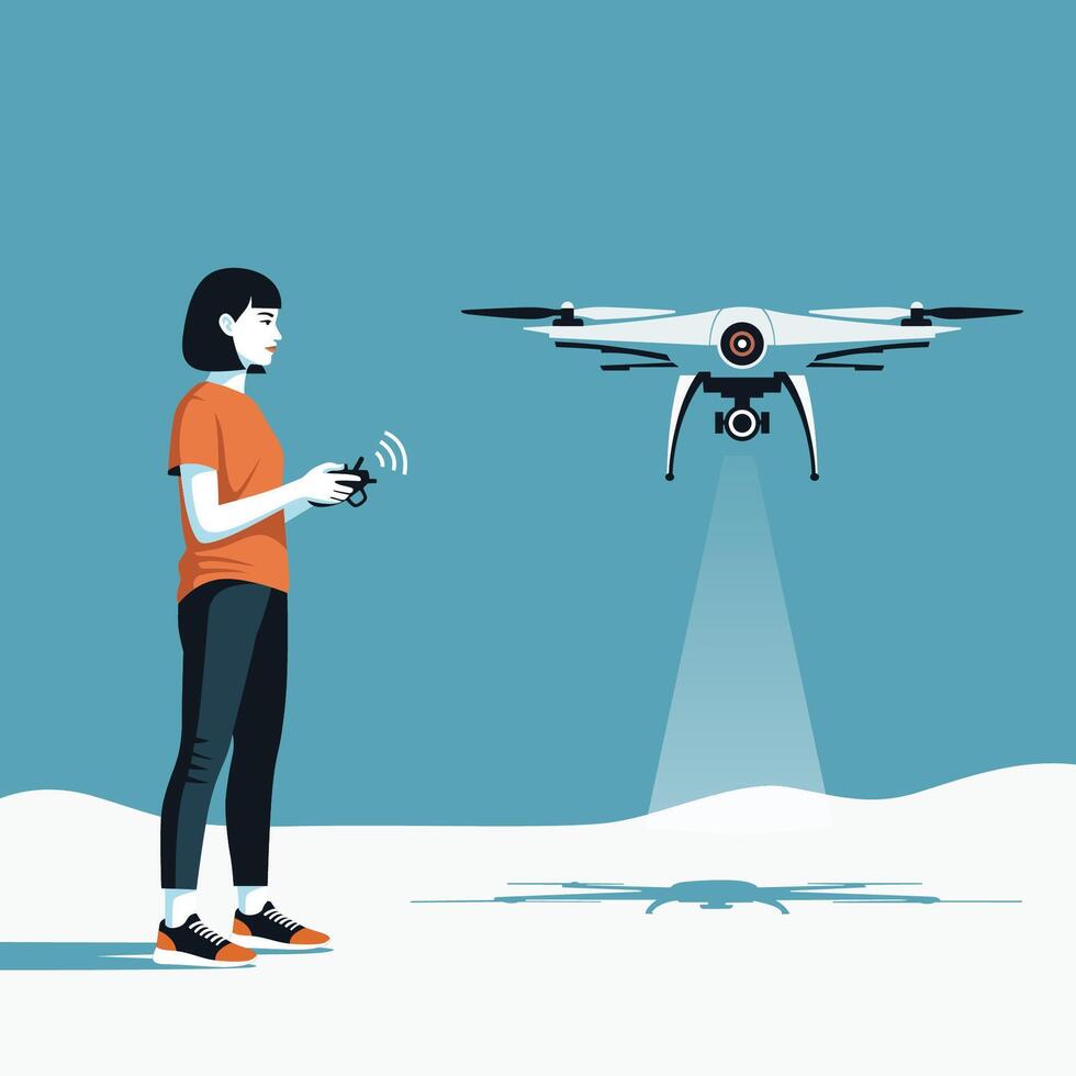 woman controlling a drone with remote, flat design vector