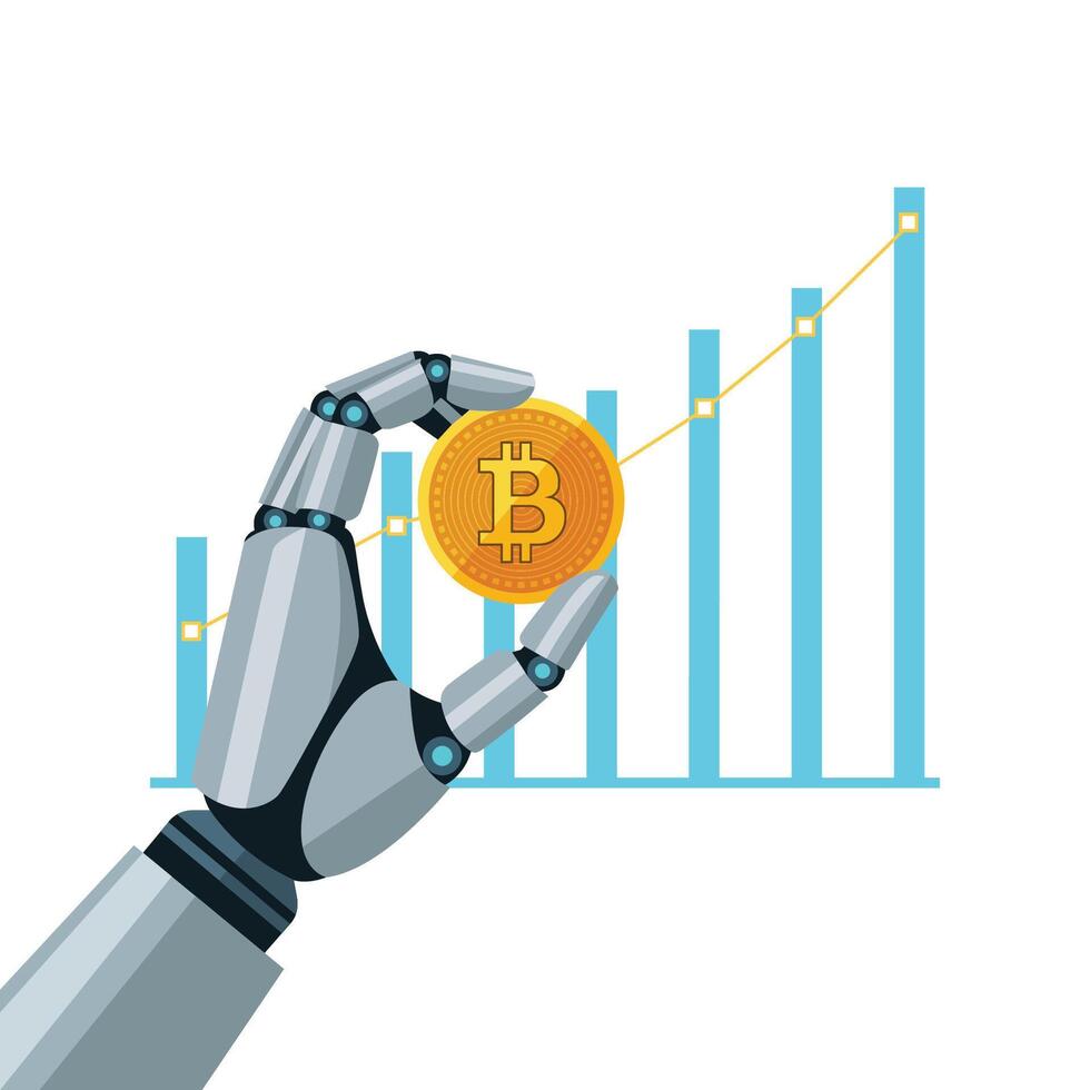 Robot holding Bitcoin with growth chart vector