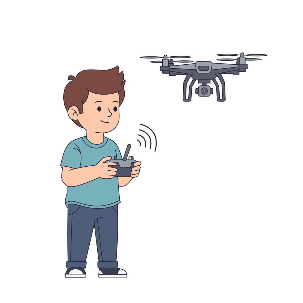 Boy flying a drone with remote vector