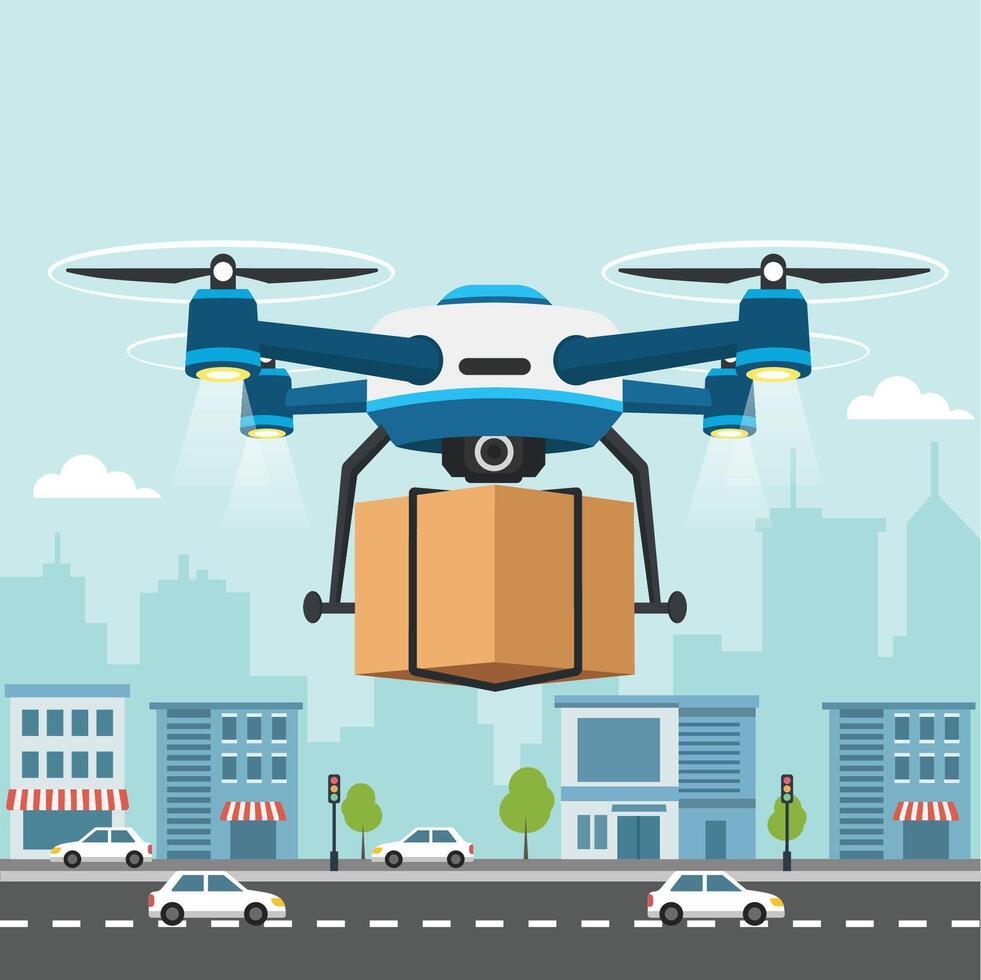 Drone delivering package above city vector
