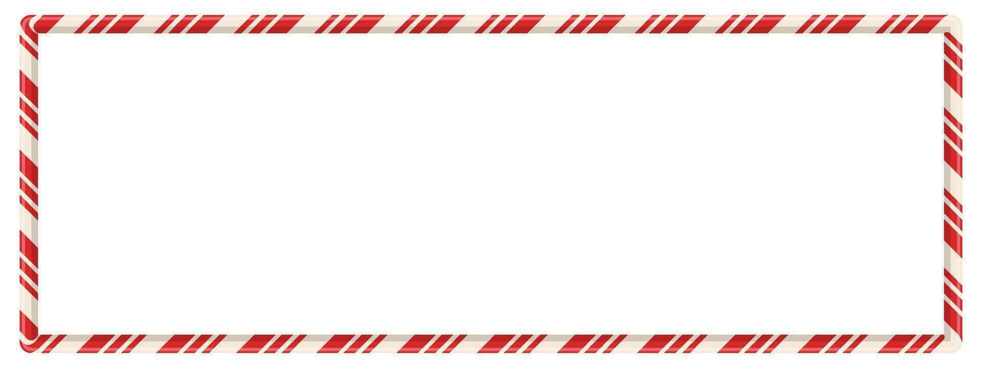 Candy cane rectangular frame with red striped pattern. Spiral ribbon shape forms holiday border for banner, card, or photo. Seamless cartoon element in winter theme. illustration. vector