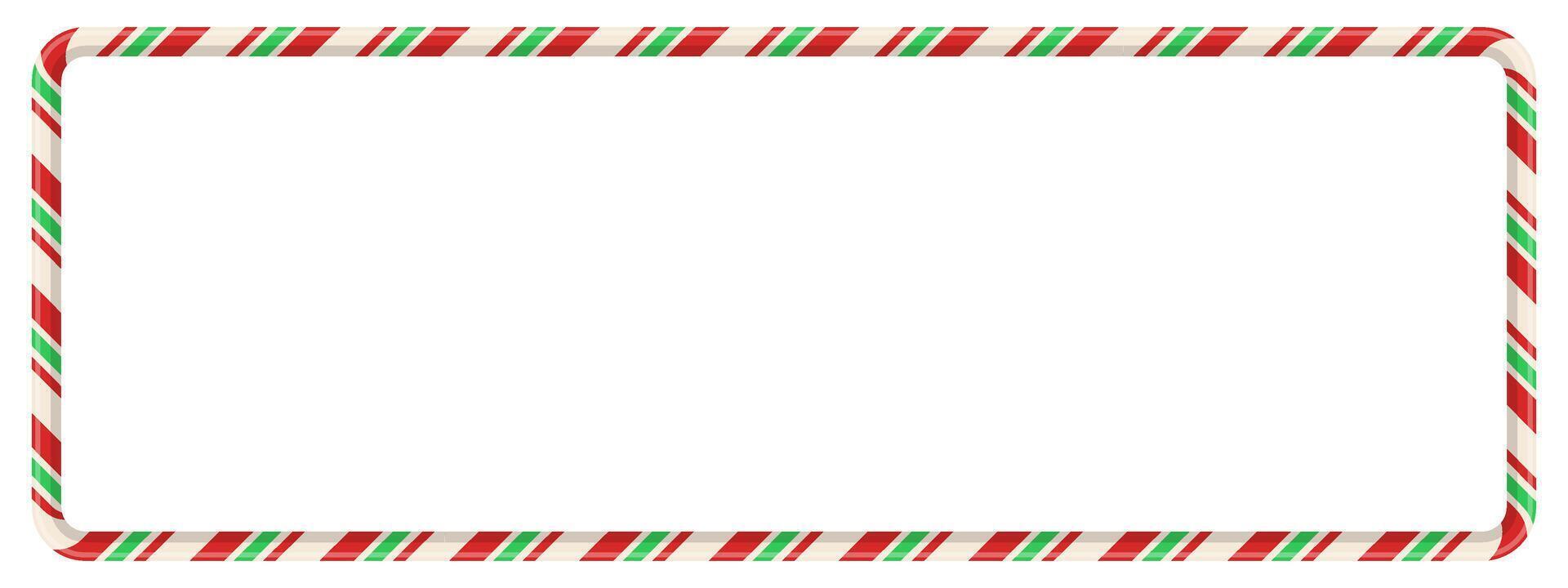 Candy cane rectangular frame with red and green striped pattern. 3D ribbon shape creates festive border for card, photo, or banner. Seamless holiday element with spiral lines. illustration. vector