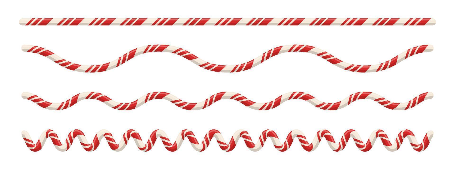 Candy cane border with red and white striped pattern. Includes realistic spiral lollipop line for holiday card or banner design. Seamless sweet ornament for winter decoration. illustration. vector
