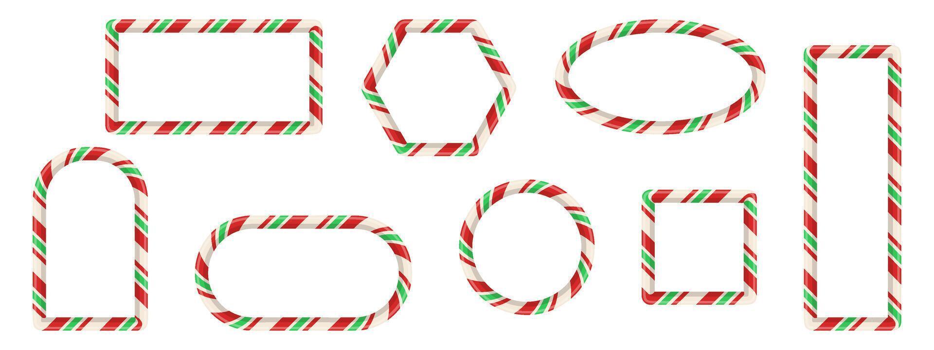 Set of striped frames with red, white, and green candy cane texture. Includes circular, square, and oval borders. Designed as decorative holiday elements for templates and cards. illustration. vector