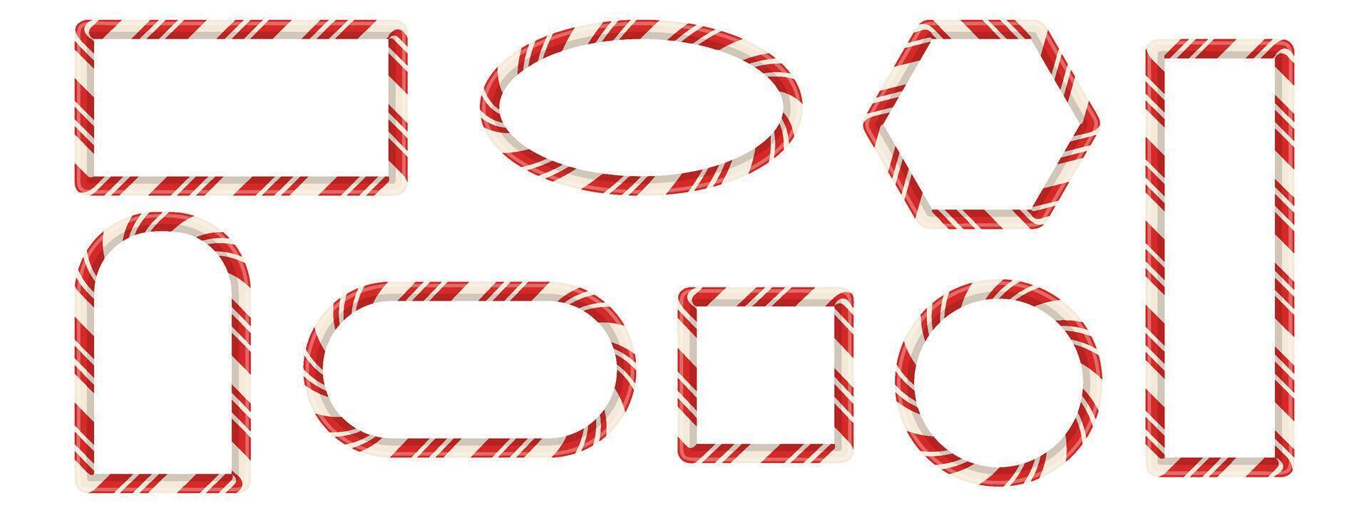 Realistic set of candy cane style frames. Includes round, square, and oval borders with red and white stripes. Designed as 3D striped elements for cards, banners, or photo templates. illustration. vector