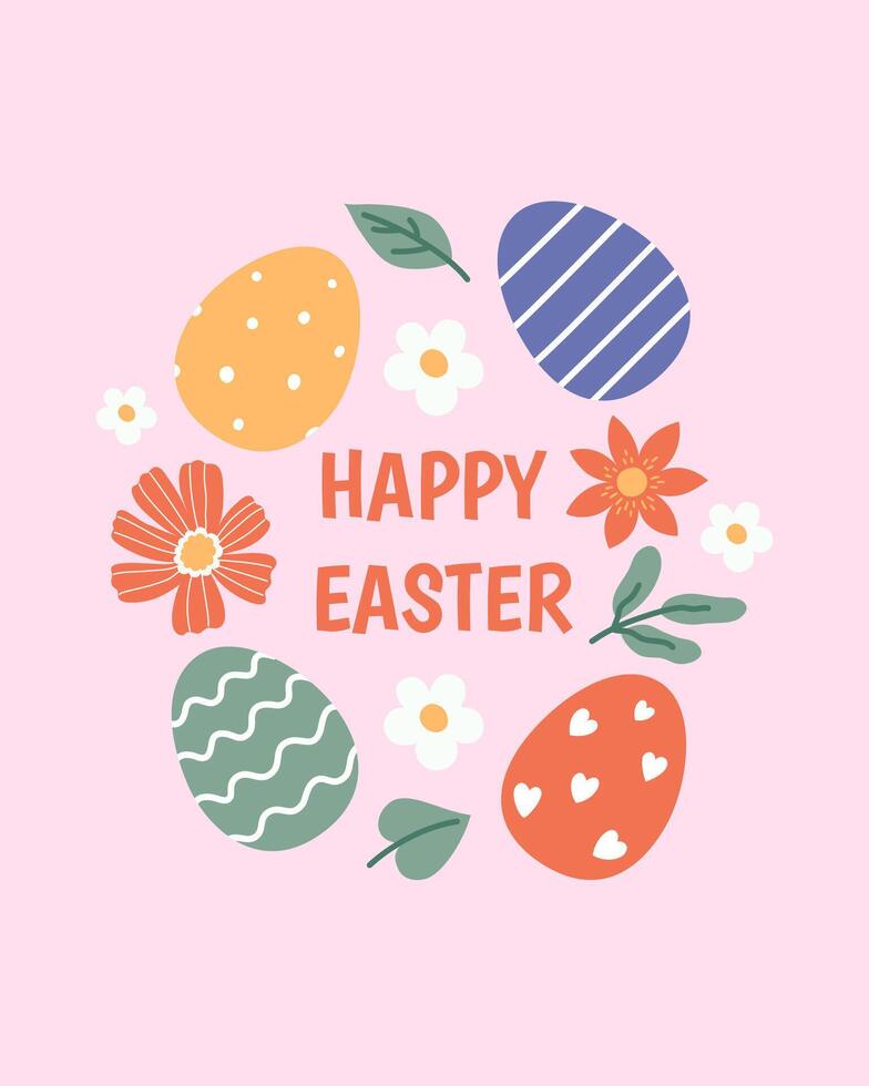 Happy Easter greeting card with colorful painted eggs and spring flowers. Hand drawn illustration for invitations, social media posts and printable templates. vector