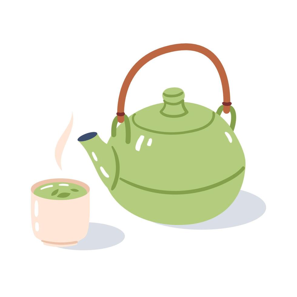 Green teapot with a steaming cup of tea on a white background. Hand drawn illustration. vector