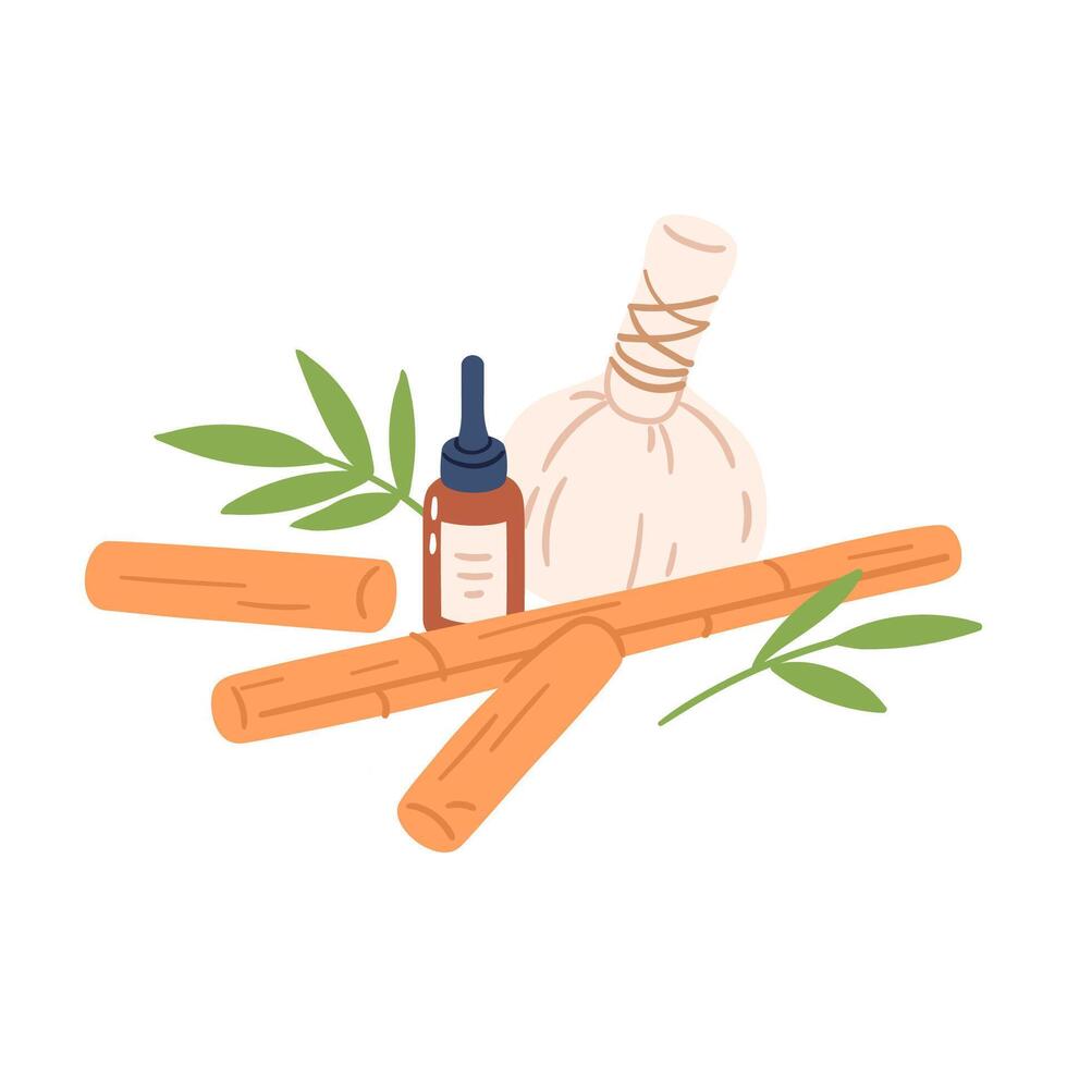 Composition of bamboo massage sticks, essential oil bottle and herbal compress . Hand drawn illustration for wellness branding, aromatherapy packaging and spa menu design. vector