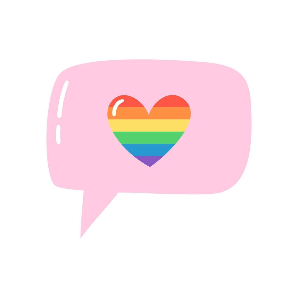 Soft pink speech bubble with rainbow heart inside. Hand drawn illustration. vector